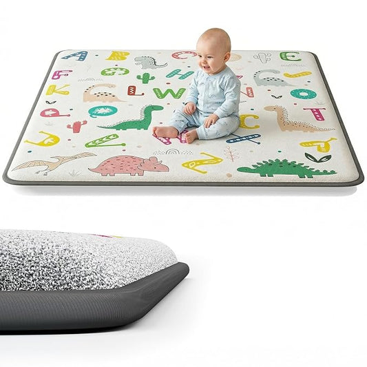 1.3" Thick Baby Play Mat for Floor, Elasti-Foam 71x59 Playpen Mat, Water Repellent Ultra Soft Coral Velvet Tummy Time Crawling Mats for Kid Toddlers Infants, Non-Slip Backing Safe Alphabet Zoo