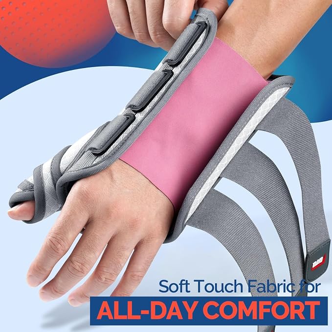 FEATOL Carpal Tunnel Wrist Brace Night Support, Thumb Spica Splint Left Hand for De Quervains Tenosynovitis, Tendonitis, Thumb Brace for Women Men, White Pink, Medium/Large