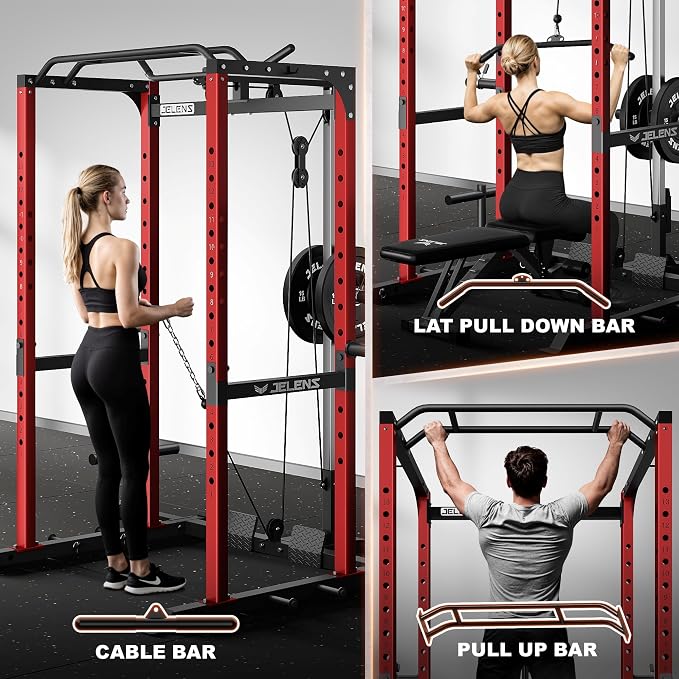 JELENS S21 Power Cage, Multi-Function Power Rack with Adjustable Cable Crossover System, 2000LBS Squat Rack for Home Gym with More Training Attachments