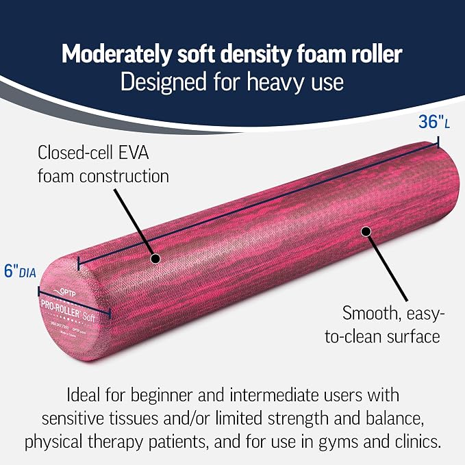 OPTP PRO-Roller Soft Density Foam Roller – Round, Pink, 36" x 6" | Low density soft foam roller for physical therapy, Pilates, yoga foam roll exercises & muscle recovery, pink 36" x 6"