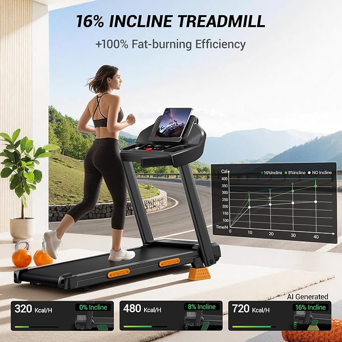 CURSOR FITNESS 16% Incline Treadmills for Home Small with 3 LED Displays, 3.0HP Foldable Walking Pad Treadmill Up to 400LBS Capacity, Portable Treadmill 0.6-7.0MPH