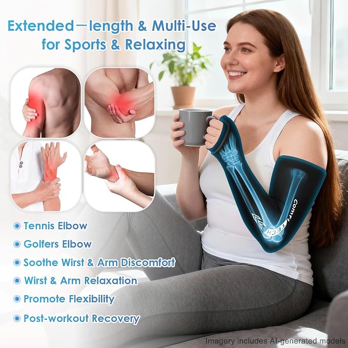 ComfiTECH Full Arm Wrist Ice Pack Wrap, Tennis Cold Sleeve, Large | Flexible Extended Elbow Ice Sleeve for Pitchers, Golfers Players, Reusable Cold Brace for Muscle Comfort, Throwing Recovery