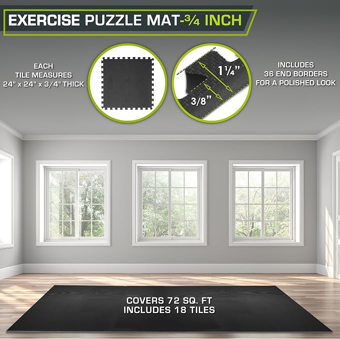 ProsourceFit Weaved Pattern Extra Thick Exercise Puzzle Mat 3/4-inch, EVA Foam Interlocking Tiles for Protective, Cushioned Flooring for Home and Gym Equipment; Black, 72 SQ FT, 18 Tiles