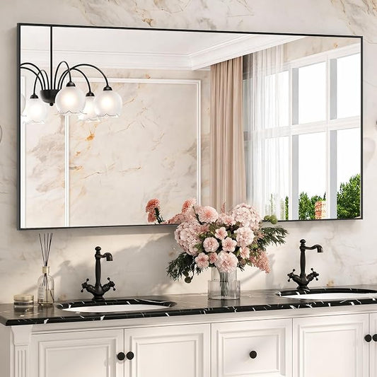 30" x 55" Matte Black Wall Mirror for Bathroom, 55" x 30" Full Length Body Mirror, Metal Framed Vertical/Horizontal Decor for Bedroom & Vanity