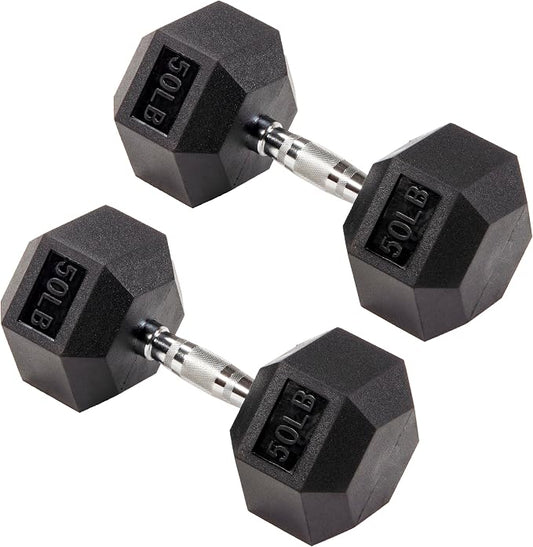 Signature Fitness Rubber Coated Hex Dumbbells Hand Weights for Exercises and Fitness Home Gym, 5-50 lbs, Pairs