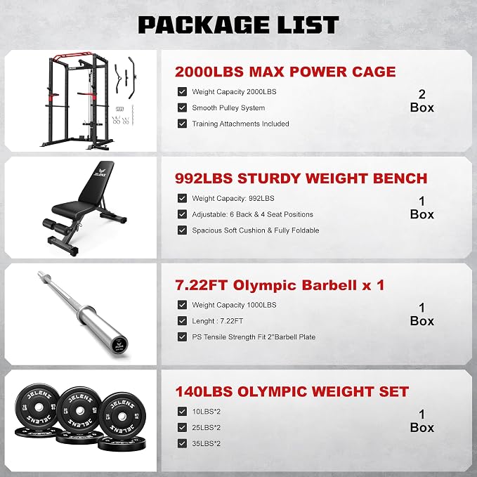 JELENS S11 Power Cage, 2000LB Multi-Function Power Rack with LAT Pulldown, Squat Rack with Adjustable Pulley System and Training Attachments, Weight Rack for Home Gym
