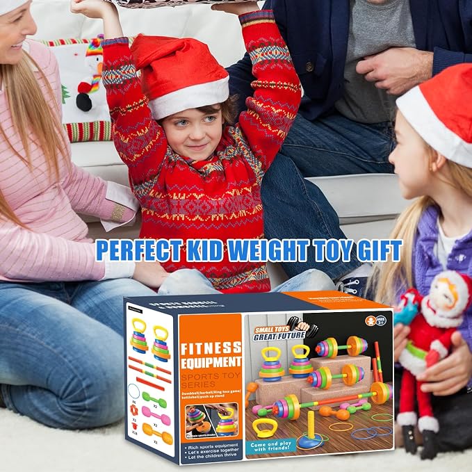 Kids Exercise Weight Set, Barbell and Dumbbell Workout Equipment, Toddler Beginner Gym Toy for Pretend Play Lifting Exercise & Fitness, Adjustable Fill with Sand or Water