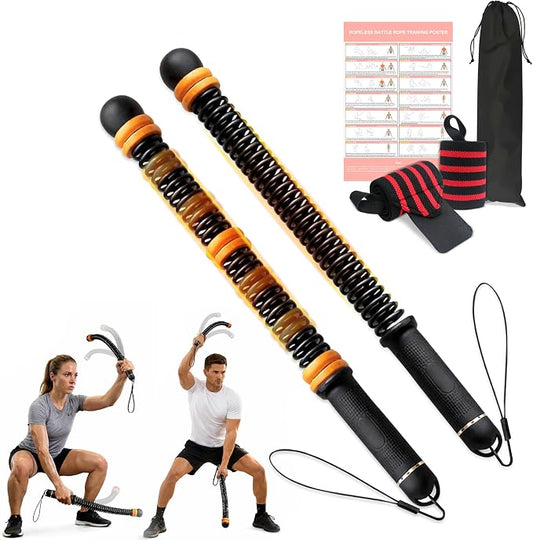 Adjustable Ropeless Battle Ropes – Weighted Cordless Battle Rope Set with Variable Resistance, Wrist Straps & Workout Guide Poster – Portable HIIT & Home Gym Training Equipment