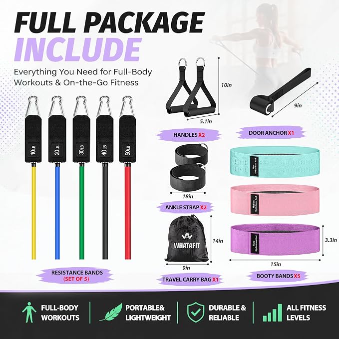 WHATAFIT Resistance Bands with Handles, 5-Level Exercise Bands for Workout | Natural latex,10-50 lbs, stackable to 150,Ankle Straps, Door Anchor,Guide. For Strength, Yoga,Home Gym,Travel & Workout.
