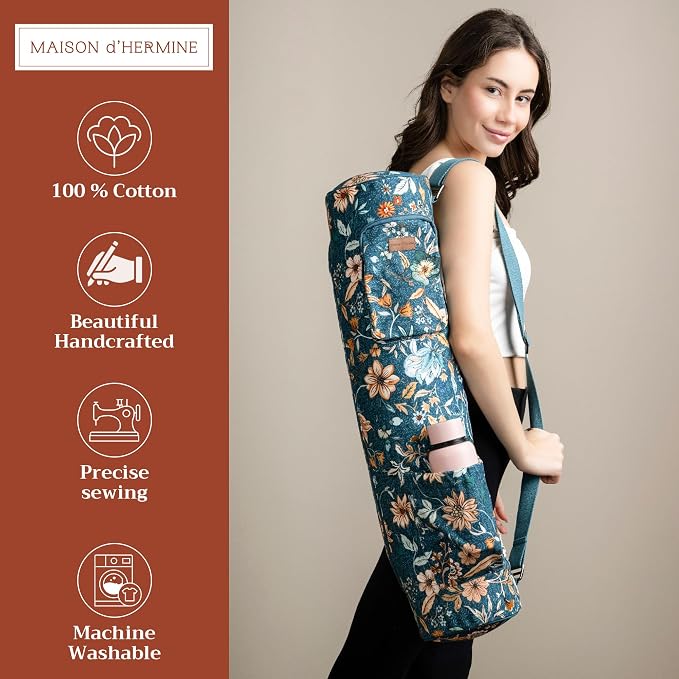 Maison d' Hermine Yoga Mat Duffle Bag Gym Tote Yoga Mat Carry Bag | Cylindrical bag for Woman Men Gifts Adjustable shoulder straps with Drawstring Water Bottle Pocket and zipper pocket
