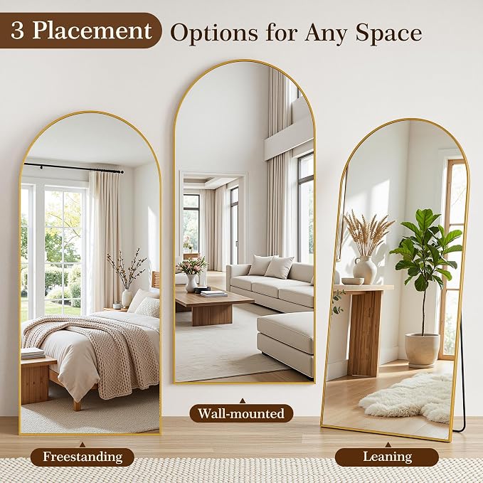 76"x34" Arched Full Length Mirror with Stand, Free Standing Leaning Wall Mounted Aluminum Alloy Frame Mirror for Bedroom Living Room Cloakroom, Gold