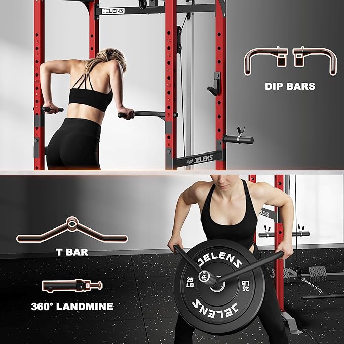 JELENS S21 Power Cage, Multi-Function Power Rack with Adjustable Cable Crossover System, 2000LBS Squat Rack for Home Gym with More Training Attachments