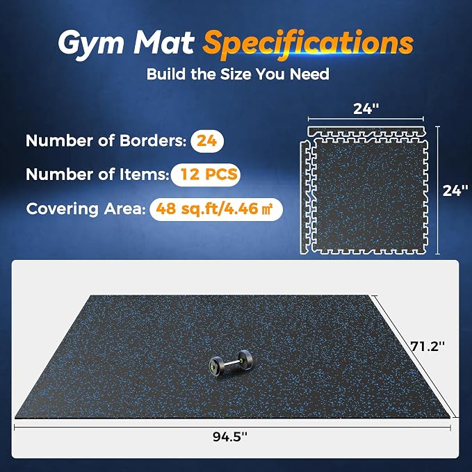 SUPERJARE 1" Extra-Thick Rubber Top Exercise Mat, Puzzle Gym Flooring for Home Gym, Gym Mat for Workout Equipment, Interlocking Floor Tiles with EVA Foam, 12 Pcs 48 Sq Ft, Black/Blue
