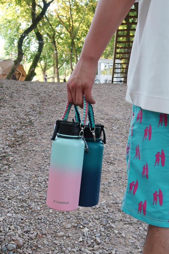 KXIAOCHEN Insulated Water Bottle with Strap, 48-Hour Cold, 2 Lids | Triple-wall insulation, lead-free 18/8 Stainless steel, paracord handle, carabiner clip, for gym, hiking, camping and travel