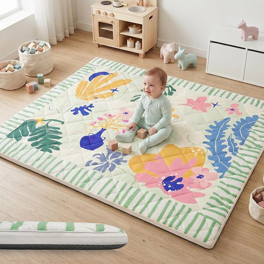 1.6" Thick Baby Play Mat, 71x59 Removable & Machine Washable Cover | Padded Memory Foam, Non-Slip Backing, 100% Baby-Safe Materials, Tummy Time Crawling, Outdoor, Bedroom, Living Room, Nursery