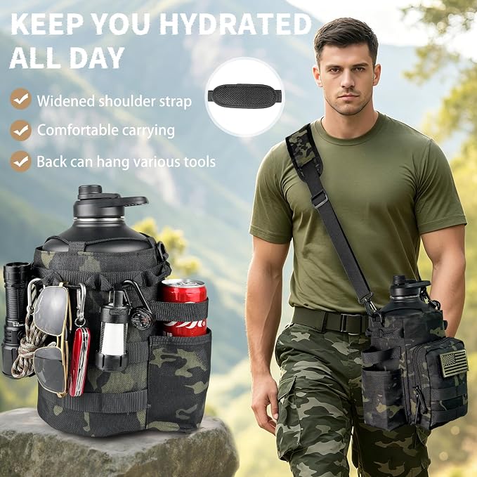 DEFUNX 1 Gallon Water Bottle Insulated with Sleeve - Tactical 128 oz Stainless Steel Water Jug with MOLLE Water Bottle Pouch, Large Gym Water Bottles for Men Hiking Workout (Black Camo)