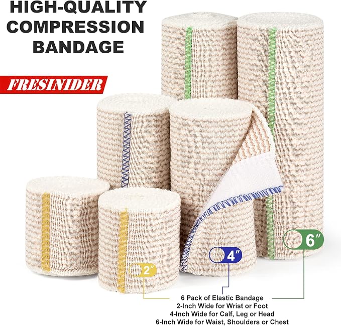 FRESINIDER Premium Elastic Bandage Wrap 6 Pack, 2-6 Inch, Hook and Loop | Multi-Width Cotton Compression Set Covers Wrist, Elbow and Knee; Secure Ends for Sprains, Swelling and Sports Recovery.