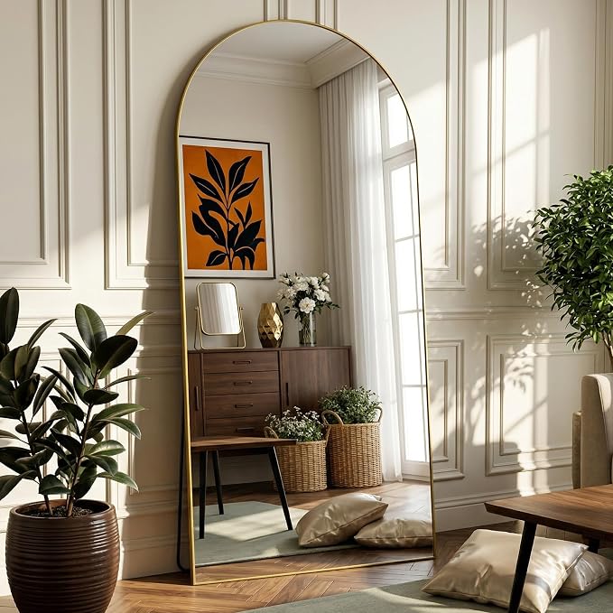 Full Length Mirror, 72"x32" Arched Full Body Mirror, Oversized Floor Mirrors, Leaning Free Standing Mirrors, Hanging Mounted Large Mirrors for Bedroom Dressing Room, Cloakroom, Gold