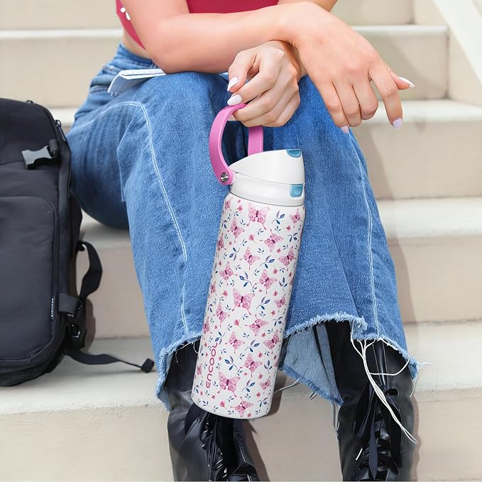 ENCOOL Leakproof Insulated Water Bottle with Straw Dual-Sip Water Bottle Bag-Safe Design for Work, Commute & Gym – Keeps Drinks Cold All Day, 24 oz, Blossom Butterfly
