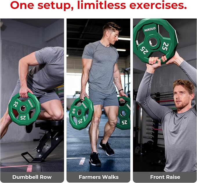 Mikolo Olympic Weights Set 2-Inch Rubber Coated Plates, 12-Sided Non-Roll Weight Plates Grip with 3 Handles for Home Gym, Strength Training, Single, Pair and Sets(5/10/15/25/35/45 LB)