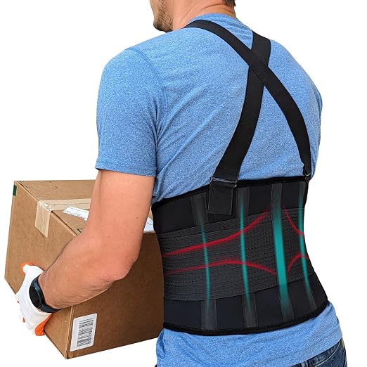 Back Brace for Men Lower Back Heavy Lifting with Suspenders, Back Support Belt for Work, Lower Back Brace with Lumbar Support for Back Pain Relief, Construction Warehouse Moving Belt, Size M
