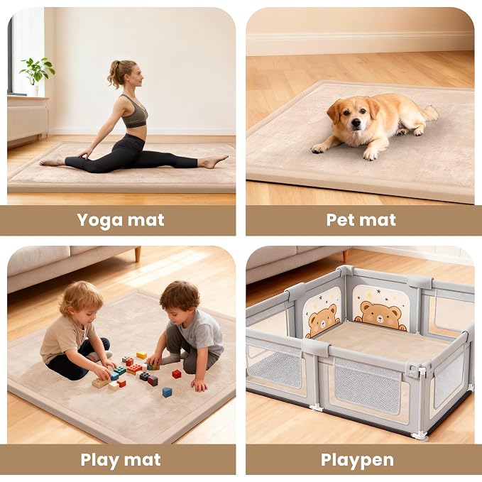 ACOMOPACK Baby Play Mat for Floor 1.3" Thick Memory Foam Play Mat 59"×71" Tummy Time Crawling with Non-Slip Bottom for Living Room,Nursery,Soft Velvet Playpen Mats for Kids,Infants（Beige）