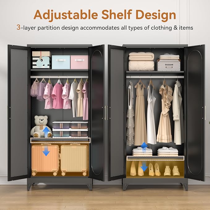 Polup Metal Armoire Wardrobe Closet with Mirror, Clothing Storage Cabinet | 71" Heavy Duty Steel Wardrobe Cabinet with Hanging Rod & Adjustable Shelves for Bedroom, Office, Clothes Organizer, Black