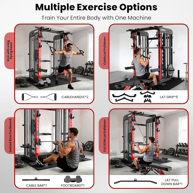 pooboo Multi-Functional Machine Power Cage, 2000LB Squat Rack, LAT-Pull Down System, Dual Pulley Cable Crossover System, Home Gym Workout Machine with Strength Training Attachments