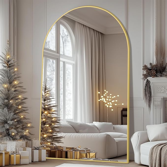 MirrMuse Oversized Arched Full Length Mirror with Stand, 76"X44", Gold | Tempered Glass, Free Standing, for Bedroom Living Room Clothing Store Gym, Aluminum Alloy Frame, Hanging or Leaning