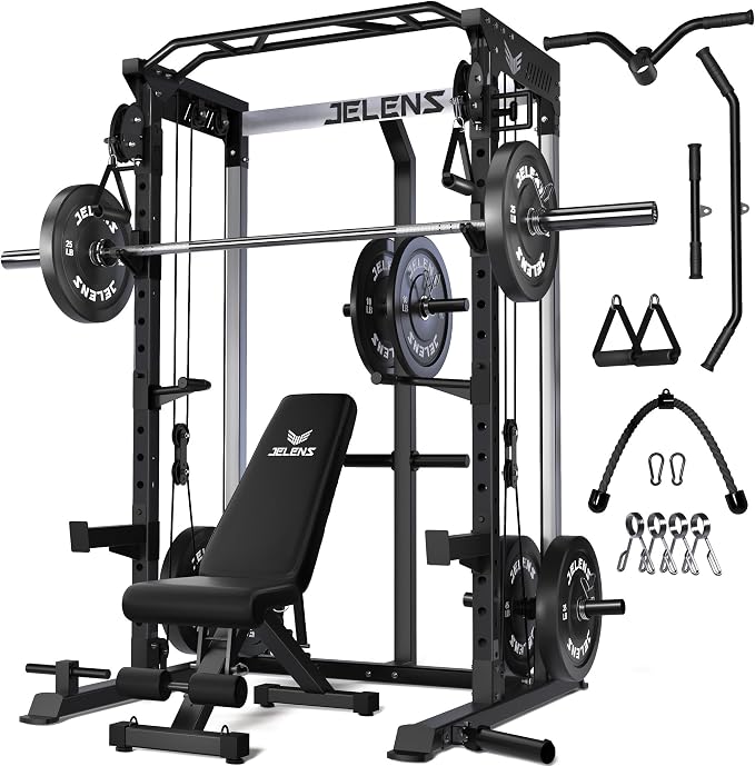 JELENS C21 Power Cage, 2000LBS Multi-Function Power Rack with Independent Dual Pulley System, All-in-One Squat Rack for Cable Crossover, Home Gym Workout Machine