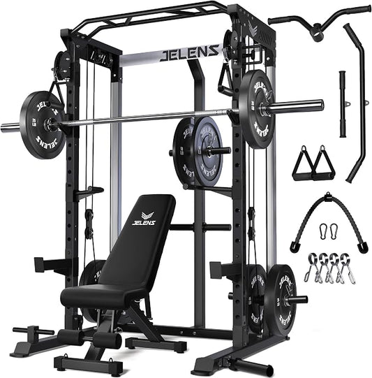 JELENS C21 Power Cage, 2000LBS Multi-Function Power Rack with Independent Dual Pulley System, All-in-One Squat Rack for Cable Crossover, Home Gym Workout Machine