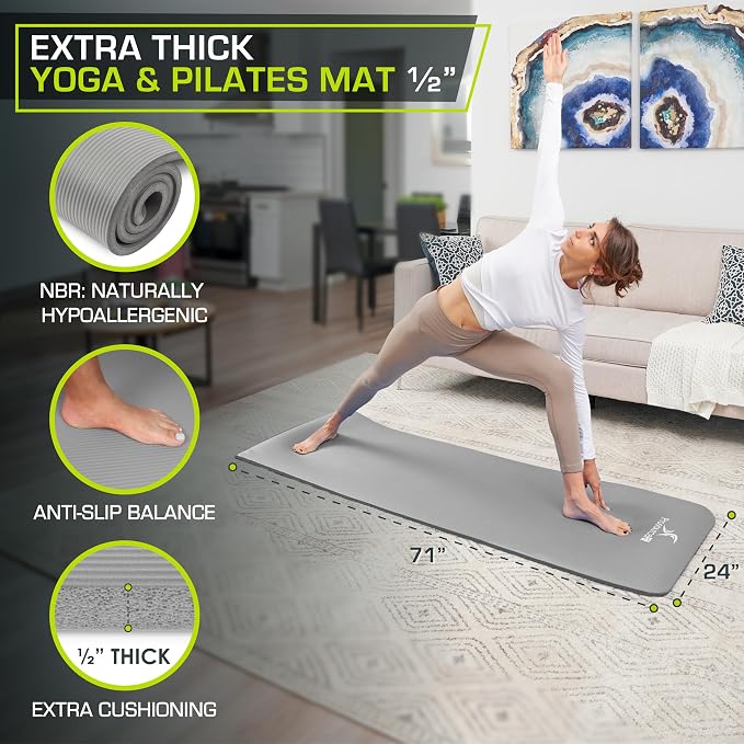 ProsourceFit Extra Thick Yoga and Pilates Mat 1/2” (13mm) or 1" (25mm), 71-inch Long High Density Exercise Mat with Comfort Foam and Carrying Strap