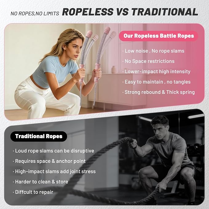 Adjustable Ropeless Battle Ropes for Home Gym,Cordless Battle Ropes with Storage Bag,Portable Workout Ropes for Strength & HIIT,Aerobic Training for Men & Women(Adjustable-Pink(2pack))