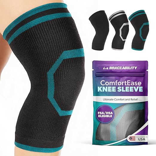 BraceAbility Knee Compression Sleeve for Women and Men - ComfortEase Knee Pain Brace Support for Arthritis, Swelling, Joint Stiffness, Recovery, All-Day Comfort and Relief (XL - Black/Teal)