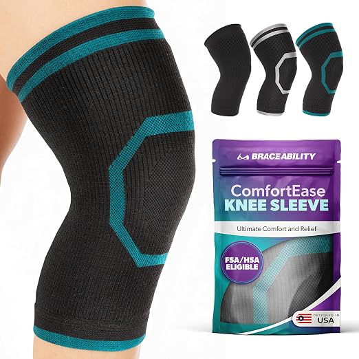 BraceAbility Knee Compression Sleeve for Women and Men - ComfortEase Knee Pain Brace Support for Arthritis, Swelling, Joint Stiffness, Recovery, All-Day Comfort and Relief (M - Black/Teal)