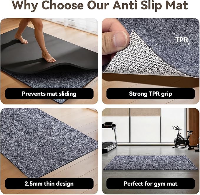 Non Slip Underlay for Interlocking Gym Mats, Prevents Foam Floor Mats from Sliding, Floor Grip Pad for Exercise Equipment Mats, Felt Anti Slip Mat with TPR Rubber Backing – 71"×94" (Fits 12 Tile)