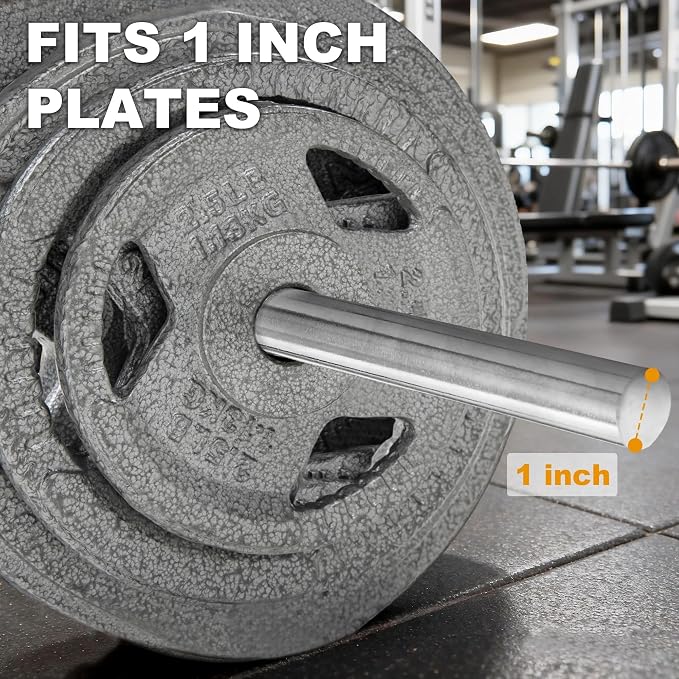 Available in 5FT and 7FT, Straight Barbell Bar, 1-Inch Standard Diameter, Alloy Steel, Black Finish, 300LBS Weight Capacity, Chrome Surface, Diamond Knurling, Anti-Skid Grip,
