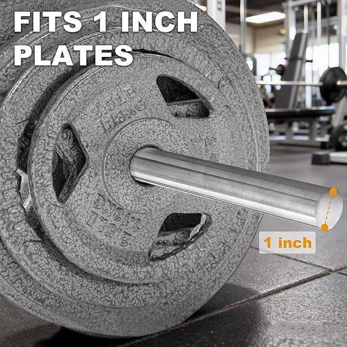 Available in 5FT and 7FT, Straight Barbell Bar, 1-Inch Standard Diameter, Alloy Steel, Black Finish, 300LBS Weight Capacity, Chrome Surface, Diamond Knurling, Anti-Skid Grip,