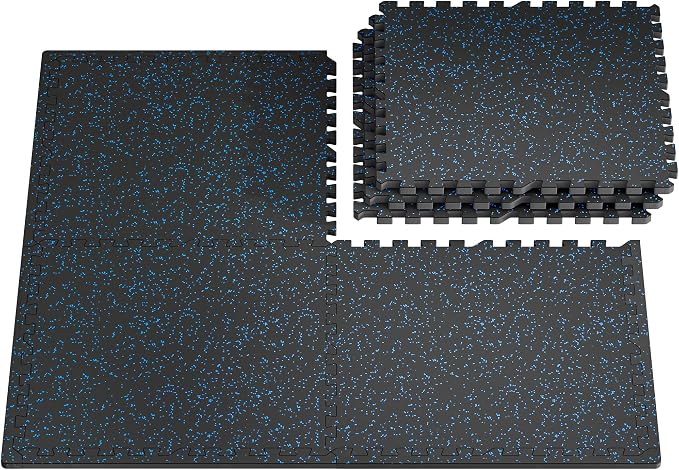 PRAISUN 0.56" Rubber Top Gym Flooring, Heavy Duty Interlocking Gym Mats for Home Gym, Non-Slip Workout Mat, 24 x 24in Large Gym Floor Mat, Protect Floors from Weights & Equipment, 24 Sq Ft, Black/Blue