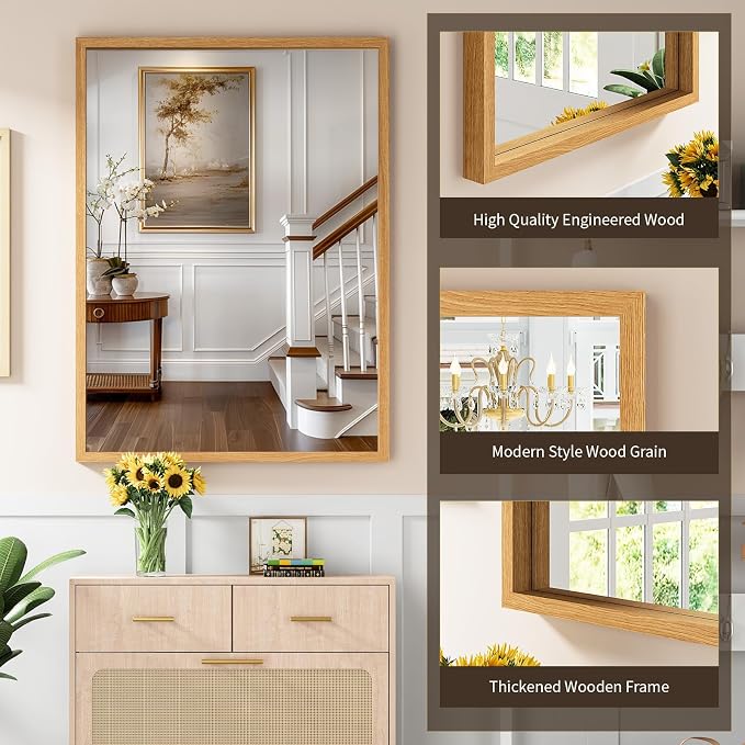Syndra Natural Wood Frame Bathroom Mirror, 30x40'' Modern Vanity Mirror for Wall, Waterproof Slim Deep Frame, Rectangular HD Tempered Glass Mirror for Living Room, Bedroom, Entryway, Rustic, Farmhouse