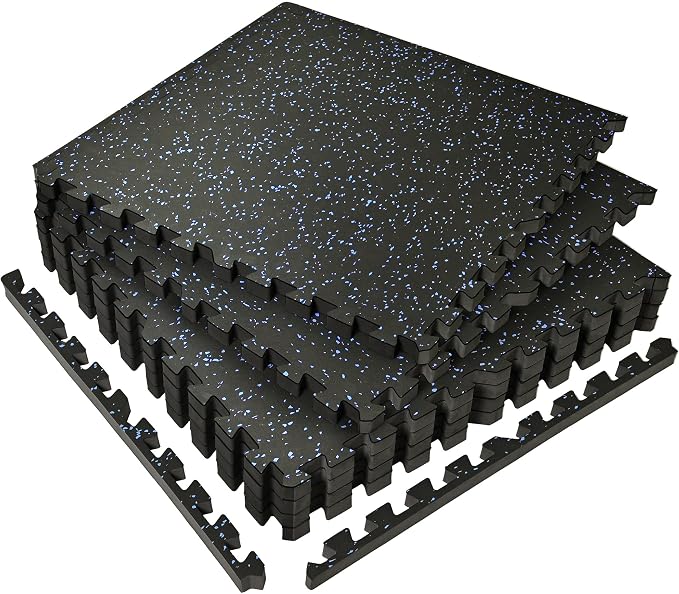 SUPERJARE 0.56'' Thick 6 Pcs 24 Sq Ft Rubber Top Exercise Equipment Mats, High Density EVA Foam Mats with Rubber Top, Interlocking Gym Flooring for Home Gym, Protective Workout Mat, Black/Blue