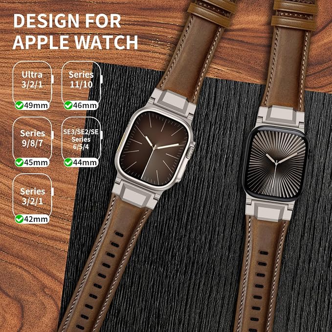 Bands Compatible with Apple Watch Ultra 3/2/1 Band 49/46/45/44mm | Genuine Leather Metal Connector Strap for iWatch Ultra Series 11/10/9/8/7/SE/6/5/4/3/2/1, Retro Walnut/Titanium