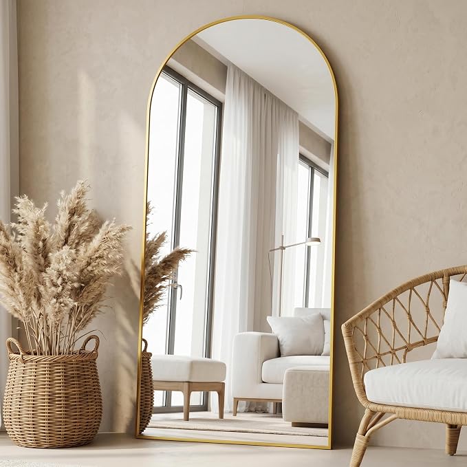 76"x34" Arched Full Length Mirror with Stand, Free Standing Leaning Wall Mounted Aluminum Alloy Frame Mirror for Bedroom Living Room Cloakroom, Gold