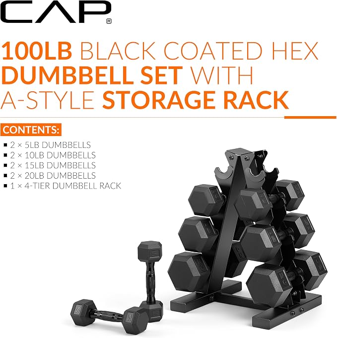 CAP Rubber Coated Hex Dumbbell Set with Storage Rack | 100–210 lb Options, Space-Saving Vertical Compact Storage for Home Gym Strength Training