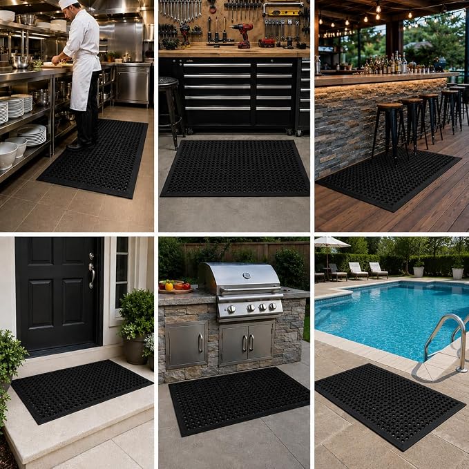 UNIMAT-Anti-Fatigue Outdoor Rubber Drainage with Non-Slip Backing Heavy Duty Mat for Restaurant Industrial Use-3'x 5' Black Mat-Ideal Bar Accessory | Non-Slip Backing, Heavy Duty, Restaurant Industrial Use, Ideal Bar Accessory
