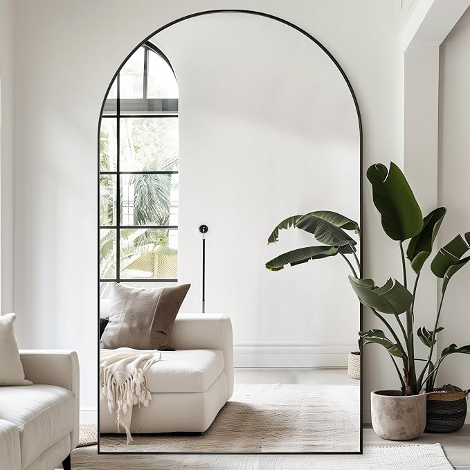 Antok 86" x46” Arched Full Length Floor Mirror, Black Aluminum Frame, Free Standing/Wall Mount/Leaning for Bedroom, Living Room, Dressing Room