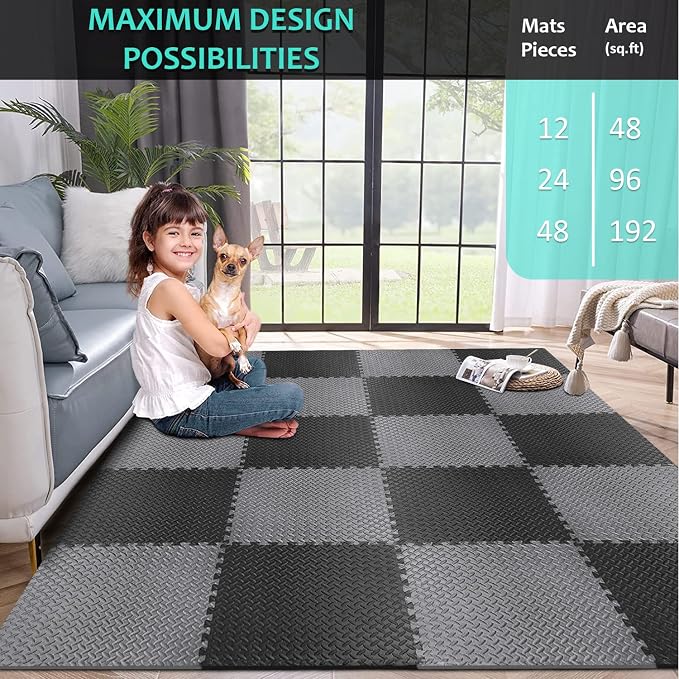 BEAUTYOVO Puzzle Exercise Mat with 12/24/48 Tiles Interlocking Foam Gym Mats, 24'' x 24'' EVA Foam Floor Tiles, Protective Flooring Mats for Gym Equipment