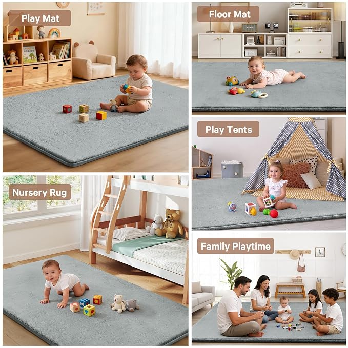 Baby Play Mat for Floor,Ultra Thick Elastic Foam 50"x50" Playmat Tummy Time Muscle Crawling Exercise Activity Cushion Gym Mat Nursery Playroom Area Kids Rug for Babies, Toddlers,Infants,Light Grey