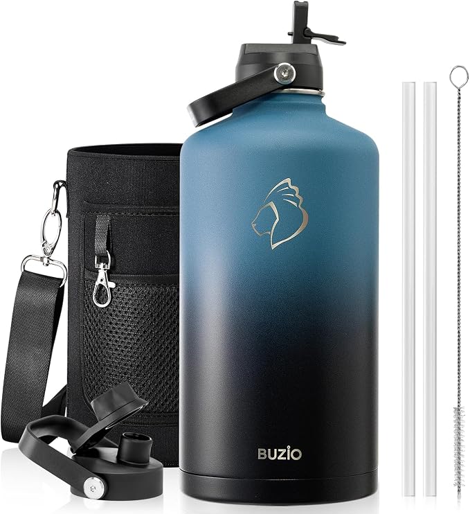 BUZIO 1 Gallon Water Bottle Insulated with Dust-proof Straw & Spout Lids | 128 oz Large Water Jug 18/8 Stainless Steel Triple Wall (Keep Cold 48Hrs/Hot 24 Hrs), Dishwasher Safe, Sweat-Proof, Black