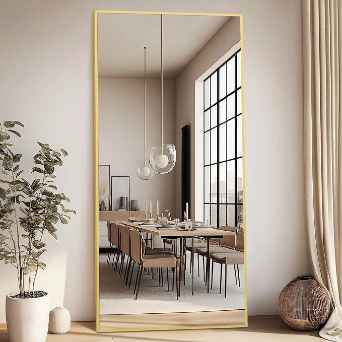 71"x32" Floor Mirror Full Length with Stand, Gold, Rectangular | Free Standing or Leaning Against Wall, Wall‑Mountable, for Gym Bedroom Living Room, Aluminum Alloy Frame, Tempered Glass